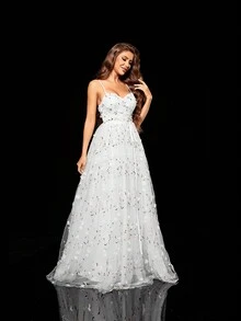 Asymmetrical Pleated Three-Dimensional Embroidered Long Dress With Suspenders - White - View 3