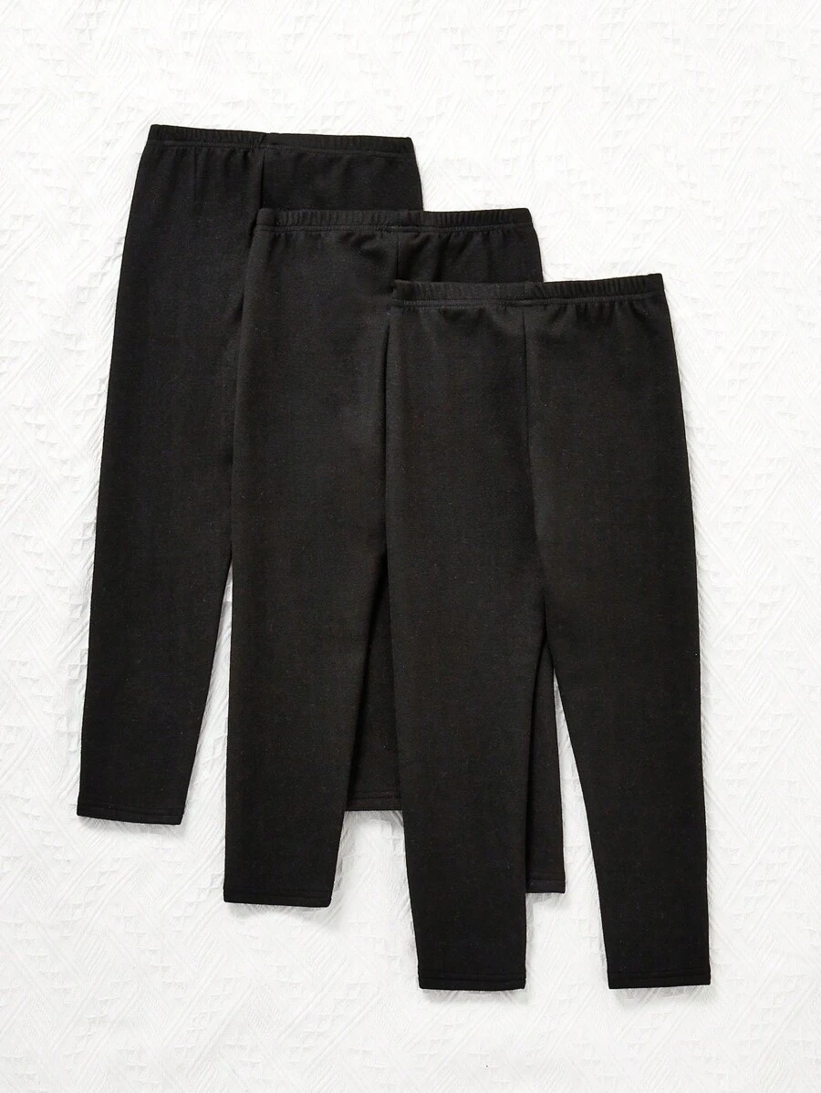 SHEIN 幼兒女孩雙面珊瑚絨保暖緊身褲 - 黑色 - 查看 1