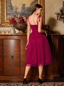 Women's Sexy Spaghetti Strap Mesh Dress For Cocktail Party - Burgundy - View 2