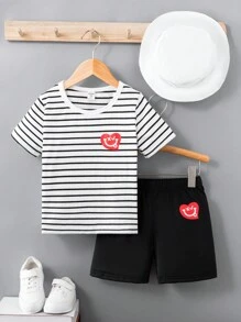 SHEIN Boys' Valentine's Day Striped Heart Pattern Top And Shorts Set, 2pcs - Black - View 1