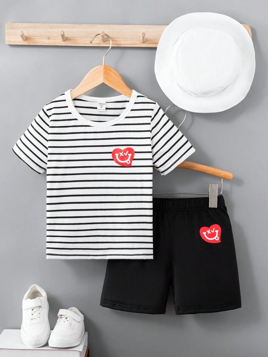 SHEIN Boys' Valentine's Day Striped Heart Pattern Top And Shorts Set, 2pcs - Black - View 1