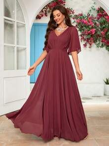 V-Neck Solid Color Pleated Design Elegant Chiffon Bridesmaid Dress - Redwood - View 4
