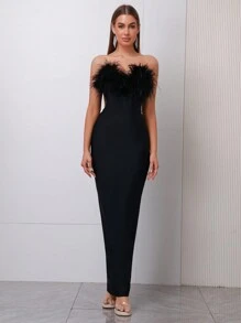 Modphy 仿羽毛性感露肩露背紧身超长绷带连衣裙，优雅女士正式晚礼服，适合婚礼宾客、伴娘、派对活动婚礼宾客礼服