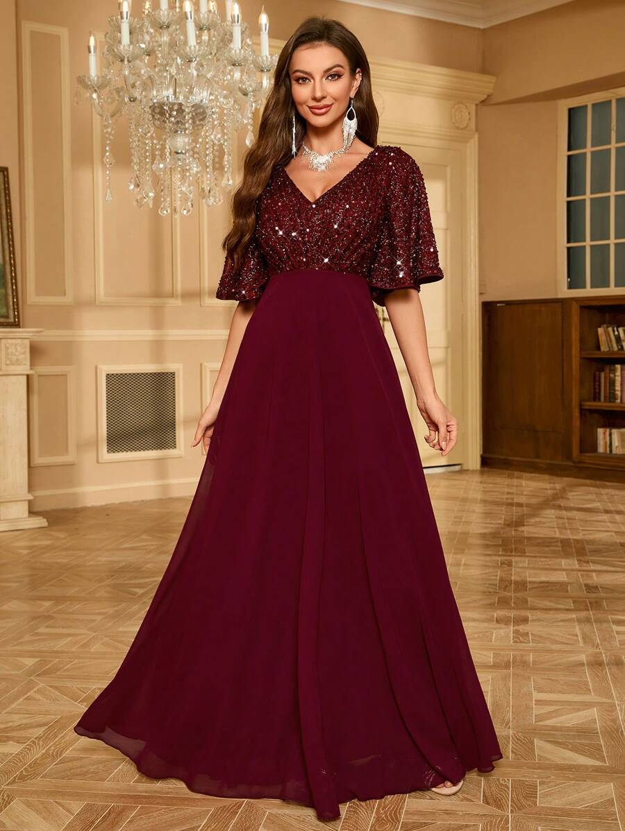 Glitter Sequin Patchwork Chiffon Evening Dress Party Dress Wedding Guest Dress Formal Dress - Burgundy - View 1