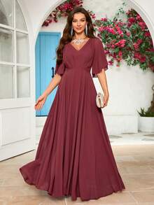 V-Neck Solid Color Pleated Design Elegant Chiffon Bridesmaid Dress - Redwood - View 5