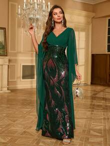 Đầm dự tiệc chiffon chắp vá sequin tay chuông dài cho nữ - Màu xanh lá cây đậm - Xem 5
