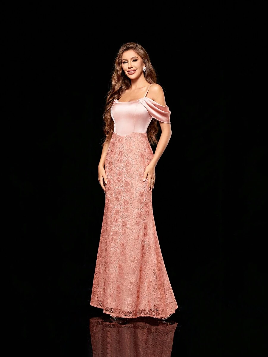 Off-Shoulder V-Neck Satin & Lace Fish-Tail Bridesmaid Gown Mermaid Dress - Coral Pink - View 1