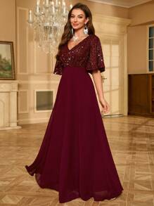 Glitter Sequin Patchwork Chiffon Evening Dress Party Dress Wedding Guest Dress Formal Dress - Burgundy - View 5