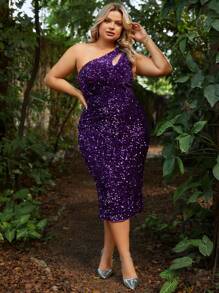 Plus Size One Shoulder Purple Glitter Dress - Purple - View 5