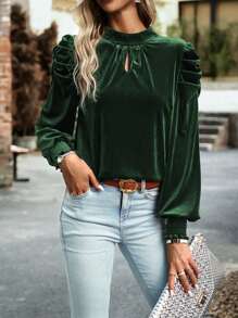 女純色立領羊腿袖t卹 - 綠色 - 查看 1