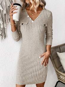 SHEIN LUNE 女式纯色 V 领罗纹紧身连衣裙 - 杏色 - 查看 1