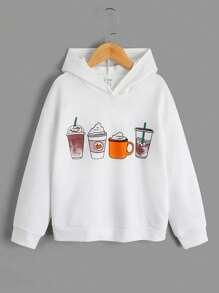 SHEIN Bé gái tuổi teen Tách cà phê In Áo nỉ có mũ - trắng - Xem 1