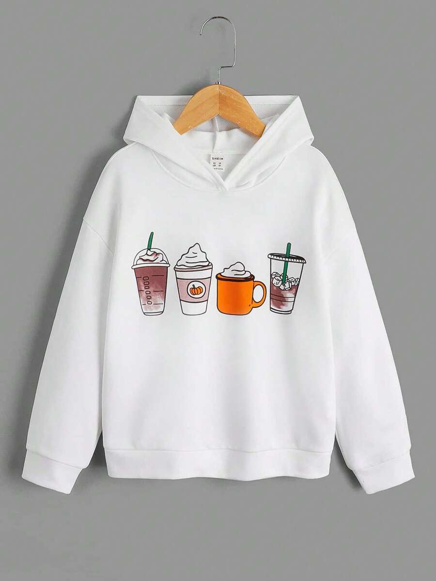 SHEIN Bé gái tuổi teen Tách cà phê In Áo nỉ có mũ - trắng - Xem 1