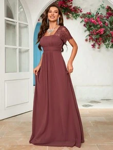 Lace Panel Chiffon Bridesmaid Dress - Redwood - View 4