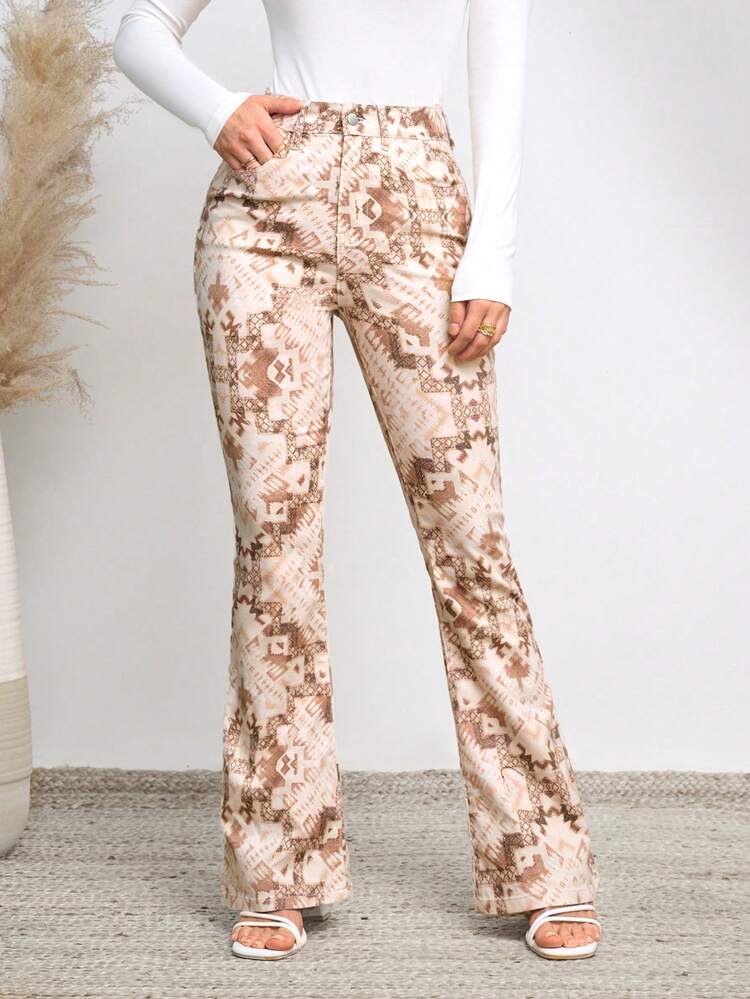 Women'S Stretchy Geometric Pattern Printed Flared Jeans