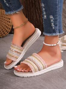 2024 新款春夏波西米亚风编织 Eva 防滑平底沙滩凉鞋，适合室内/室外穿着 - 米色 - 查看 6