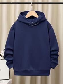 SHEIN Áo nỉ trùm đầu dáng rộng thoải mái cho bé trai tuổi mới lớn thêu chữ và lót nhiệt - Màu xanh hải quân - Xem 1