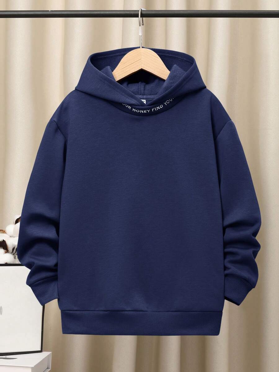 SHEIN Áo nỉ trùm đầu dáng rộng thoải mái cho bé trai tuổi mới lớn thêu chữ và lót nhiệt - Màu xanh hải quân - Xem 1