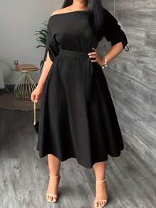 Plus Size Women Asymmetrical Neckline Drawstring Sleeve Dress