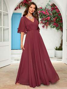 V-Neck Solid Color Pleated Design Elegant Chiffon Bridesmaid Dress - Redwood - View 6