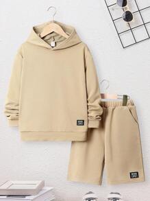 SHEIN Con trai Giải trí Thêu Chữ Áo nỉ có mũ Và Bộ quần short - Lạc đà - Xem 1