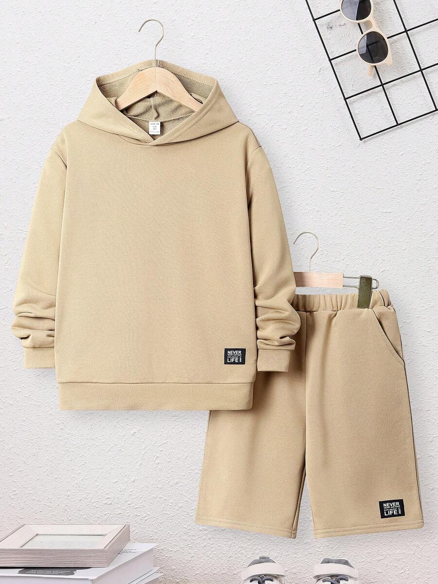 SHEIN Con trai Giải trí Thêu Chữ Áo nỉ có mũ Và Bộ quần short - Lạc đà - Xem 1