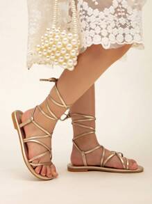Girls Metallic Tie Leg Design Strappy Sandals - Gold - View 4