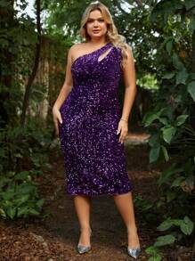 Plus Size One Shoulder Purple Glitter Dress - Purple - View 3