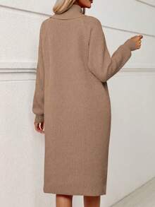 SHEIN LUNE 女款純色烏龜領拼接襖袖毛衣裙 - 摩卡棕 - 查看 2