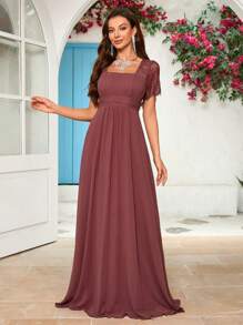 Lace Panel Chiffon Bridesmaid Dress - Redwood - View 1