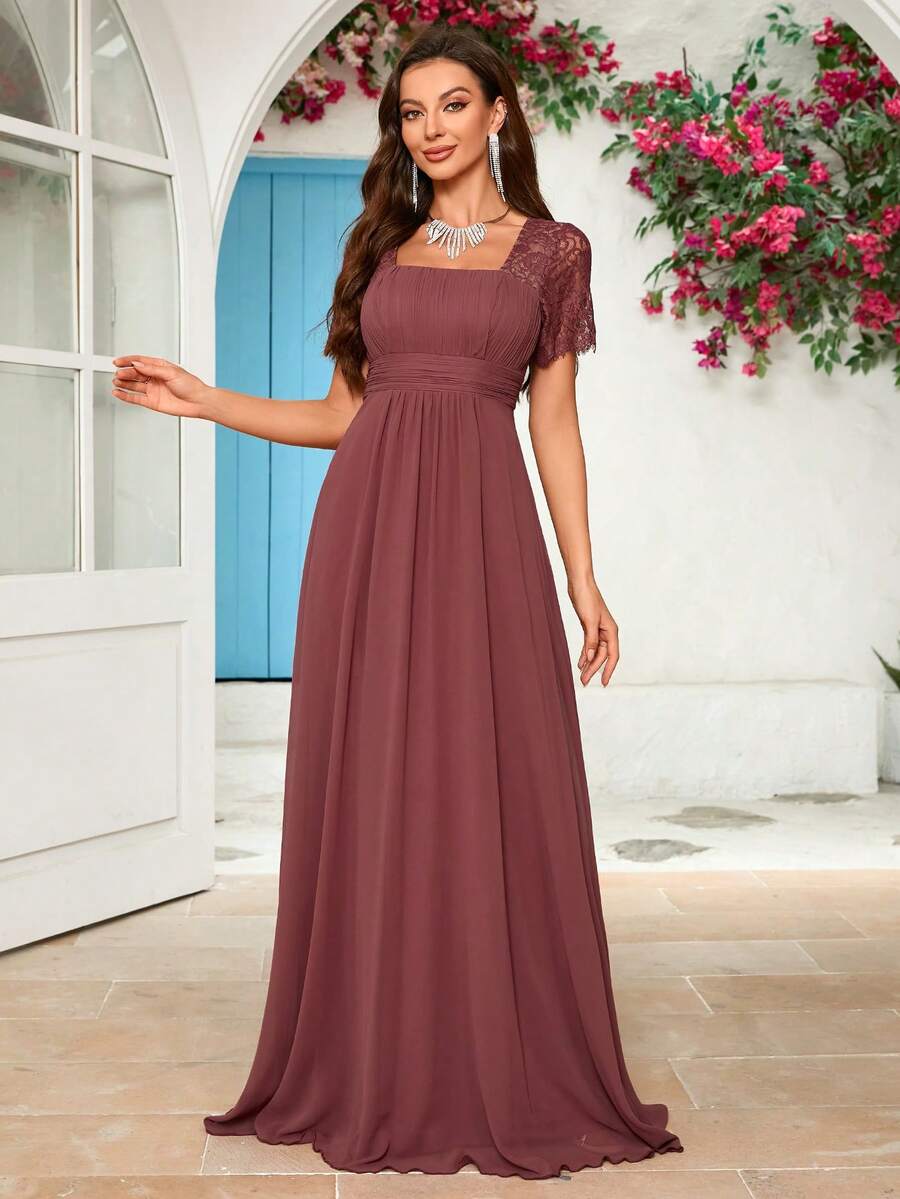 Lace Panel Chiffon Bridesmaid Dress - Redwood - View 1