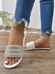 Sandalias Planas De Punta Redonda Blancas Elegantes Para Mujer Con Adornos De Pedrería Y Diseño De Deslizamiento - Blanco - Ver 4