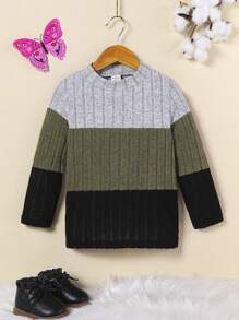 SHEIN Girls' New Color Block Striped Round Neck Long Sleeve T-Shirt - Multicolor - View 1