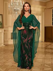 Đầm dự tiệc chiffon chắp vá sequin tay chuông dài cho nữ - Màu xanh lá cây đậm - Xem 3