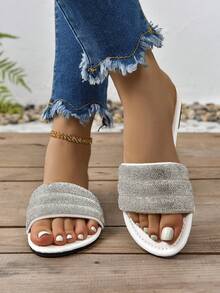 Sandalias Planas De Punta Redonda Blancas Elegantes Para Mujer Con Adornos De Pedrería Y Diseño De Deslizamiento - Blanco - Ver 2