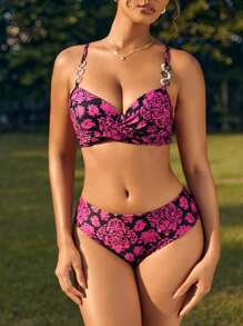 SHEIN Swim Bộ đồ bơi bikini in hoa mùa hè có trang trí hình tròn Valentine - Nhiều màu - Xem 3