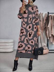 SHEIN LUNE 女士豹紋圖案毛衣連衣裙 - 彩色 - 查看 6