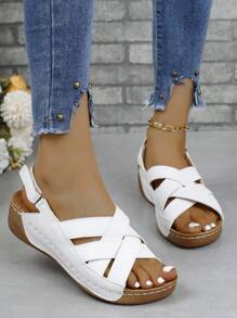Sandalias De Suela Gruesa Con Tacón De Cuña Blanco Para Mujer, Zapatos De Plataforma Con Tiras Cruzadas Para El Verano - Blanco - Ver 5
