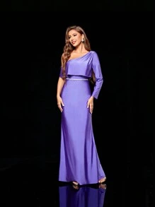 Vestido de punto con escote de un hombro, manga larga abullonada y dobladillo con diseño de cola de sirena arrugado - Morado - Ver 1