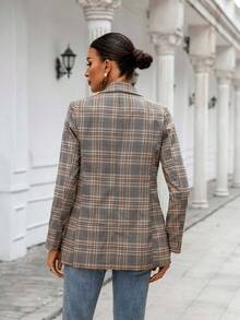 SHEIN Clasi Chaquetón De Manga Larga Con Patrón De Cuadros Y Cuello De Solapa - Caqui - Ver 2