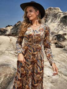 Bohemian Printed Long Sleeve Dress With V-Neckline For Fall/Winter - Multicolor - View 6