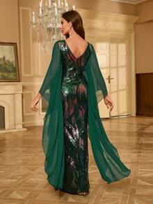 Đầm dự tiệc chiffon chắp vá sequin tay chuông dài cho nữ - Màu xanh lá cây đậm - Xem 2