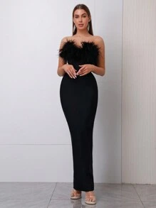 Modphy 仿羽毛性感露肩露背紧身超长绷带连衣裙，优雅女士正式晚礼服，适合婚礼宾客、伴娘、派对活动婚礼宾客礼服