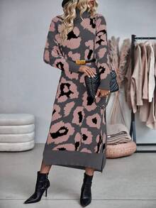 SHEIN LUNE 女士豹紋圖案毛衣連衣裙 - 彩色 - 查看 5