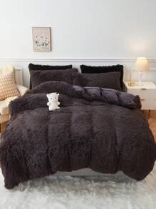 3pcs/set Brown Polyester Plush Duvet Cover Set - Brown - View 1