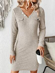 SHEIN LUNE 女式纯色 V 领罗纹紧身连衣裙 - 杏色 - 查看 5