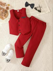 两件套青少年男孩绅士正装背心和裤子套装 - 酒紅色 - 查看 8