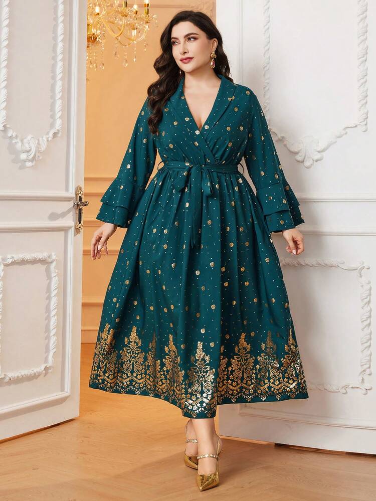 Plus Size Polka Dot & Flower Print Scarf Neck Waist Belt Dress Kaftan Jalabiya Dress