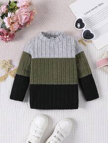 SHEIN Girls' New Color Block Striped Round Neck Long Sleeve T-Shirt - Multicolor - View 3