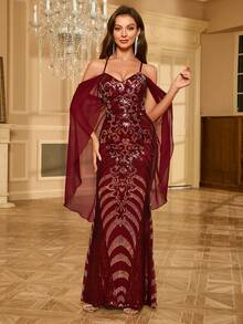 SHEIN LUNE Women's Elegant Slim-Fit Spaghetti Strap Sequined Party Dress - Burgundy - View 5